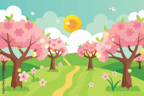 Lush Orchard In Spring Bloom With Buzzing Bees