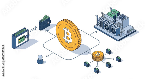 Bitcoin transaction flow with mining hardware and digital wallets