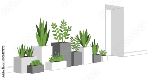 A collection of various green plants in modern white and gray planters on a white background with a doorway, captured in a graphic illustration style with a calming and natural mood.