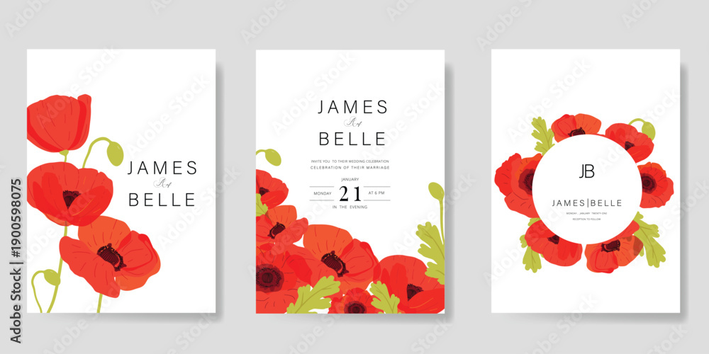 Fototapeta premium Poppy Flower Wedding Invitation set, floral invite thank you, rsvp modern card Design in Red flower with greenery branches decorative Vector elegant rustic template