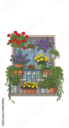 Colorful illustration of potted plants and flowers arranged on a window sill with a white background.