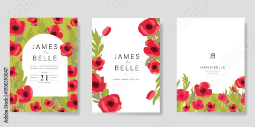 Poppy Flower Wedding Invitation set, floral invite thank you, rsvp modern card Design in Red flower with greenery branches decorative Vector elegant rustic template