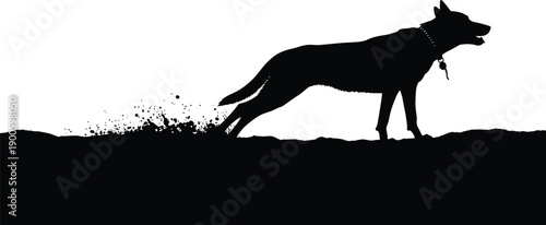Black silhouette of running dog on ground, dynamic pet motion illustration, loyal guard animal concept, minimal vector artwork, isolated on white background
