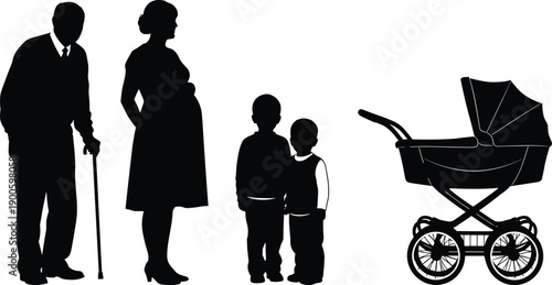 Family generation silhouettes with elderly man pregnant woman children and baby stroller isolated on white background life cycle concept illustration