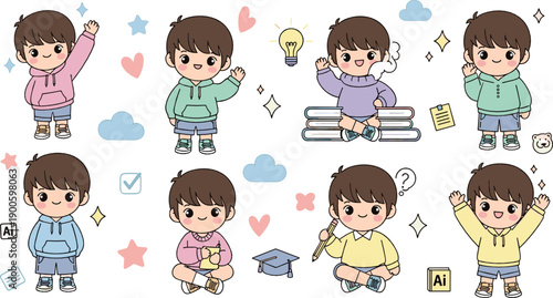 Cute little boy character set with learning activities, emotions and playful poses, adorable kawaii cartoon flat vector illustration for education and kids design