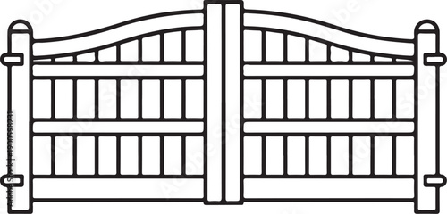 A classic white wooden fence with a double gate design and curved top