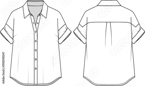 Women short sleeve button up shirt technical fashion illustration showing front and back views isolated on white background