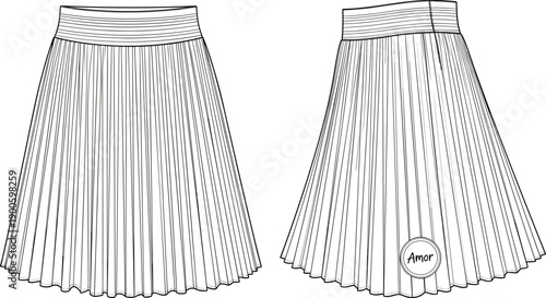 Pleated midi skirt technical fashion illustration showing front and back views isolated on white background women apparel design