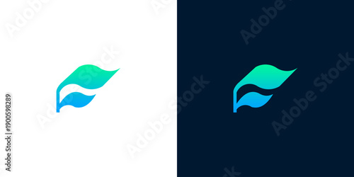 Abstract F logo design with blue and green gradient on white and dark backgrounds