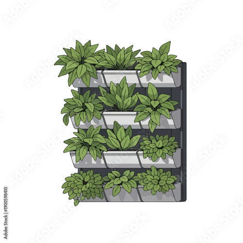 Illustration of a vertical garden with various green succulent plants in white planters on a black frame against a plain white background.