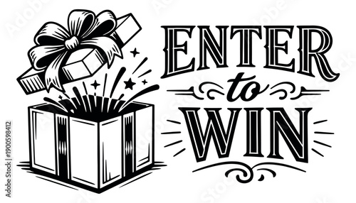 Hand drawn illustration of an open gift box with 'Enter to Win' text depicting a prize promotion for marketing and contests