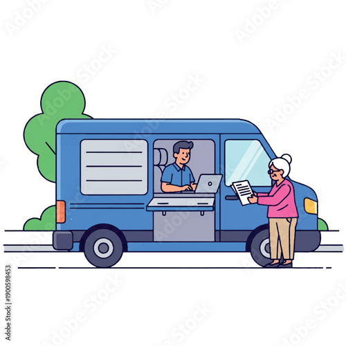 A delivery man hands a package to a senior woman standing beside a blue van in a suburban setting with green trees and a clean white background.