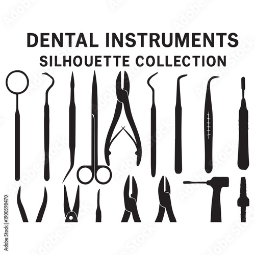 Dental Instruments Silhouette Collection with Orthodontic and Implant Tools, Professional Stomatology Equipment on White Background