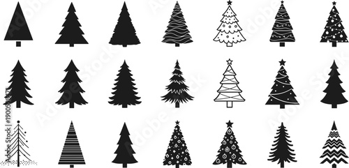 Christmas tree icon collection silhouette illustration set, various pine and fir shapes, festive winter holiday symbols, black and white minimal vector design for seasonal branding