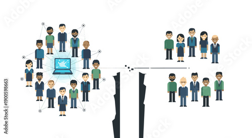 Diverse business team connected digitally, others separated by a chasm