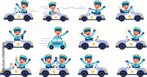 Cute police officer characters driving patrol cars, friendly cartoon law enforcement scenes, traffic control and public safety concept, colorful flat vector illustration set