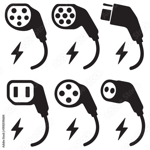 Electric Vehicle Charging Connectors Vector Icons Set, EV Plugs and Cables Collection for Sustainable Transport on White Background