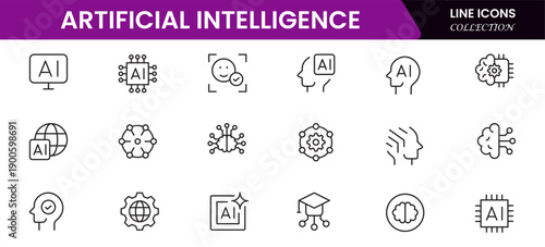 Artificial intelligence set of web icons in line style. AI technology icons for web and mobile apps. Machine learning, algorithm, smart robotics, cloud computing network Vector illustration