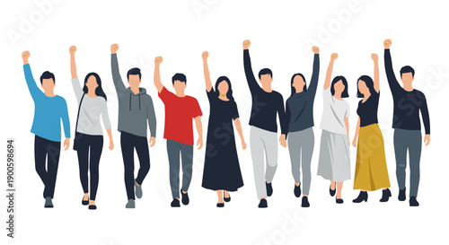 Diverse group of people marching with raised fists in protest