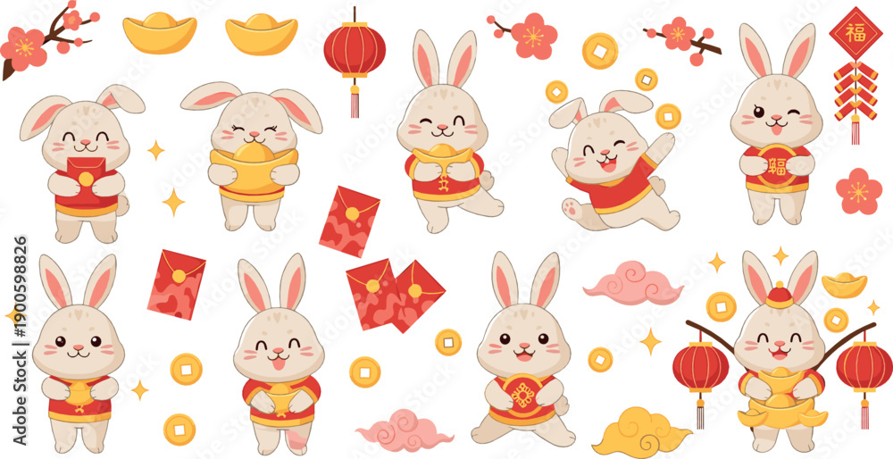 Obraz premium Cute rabbit characters celebrating Chinese New Year with gold coins and lanterns, lucky bunny mascots and festive elements, colorful flat vector illustration set
