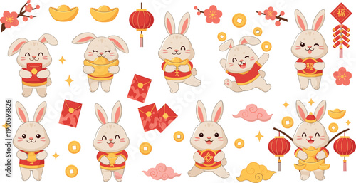 Cute rabbit characters celebrating Chinese New Year with gold coins and lanterns, lucky bunny mascots and festive elements, colorful flat vector illustration set