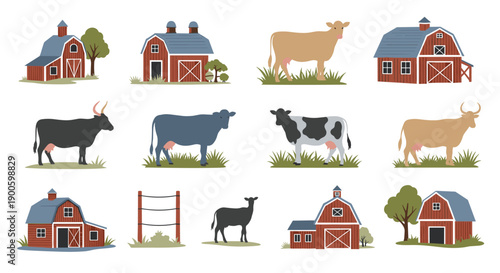 Farm barns and various cattle flat design illustrations