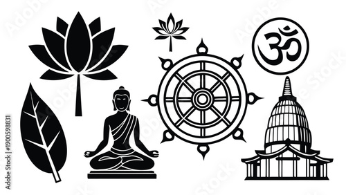 Spiritual Buddhism and Hindu Symbols Black Silhouette Icon Set