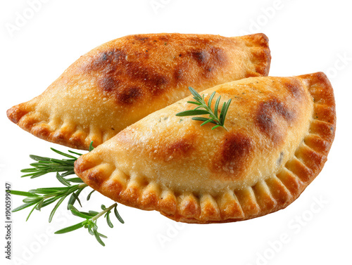 Two golden-brown, freshly baked pastries, ready to be enjoyed. A sprig of rosemary adds an aromatic touch. Isolated Transparent Background, PNG