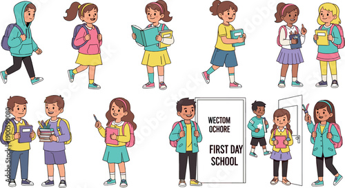 Cute school children walking and studying together on first day of school, happy students with backpacks, education and friendship concept, colorful flat vector illustration set