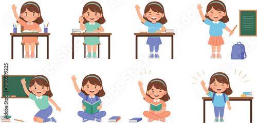 Cute schoolgirl raising hand in classroom and studying at desk, happy student learning activities, education and school concept, colorful flat vector illustration set