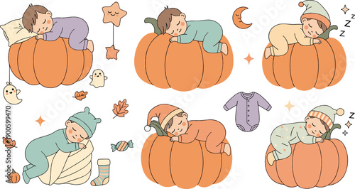 Cute Sleeping Baby Halloween Illustration Set with Infants Resting on Pumpkins, Cozy Costumes, Stars, and Autumn Night Elements for Seasonal Designs