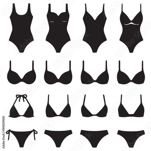 Women Swimwear and Lingerie Silhouette Icons Set, Bikini and Bra Fashion Vector Collection for Summer and Intimates on White Background