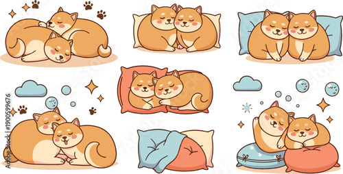 Cute Sleeping Dog Illustration Set Featuring Cozy Puppies Cuddling on Pillows for Nursery, Kids Designs, Stickers, and Clipart Use
