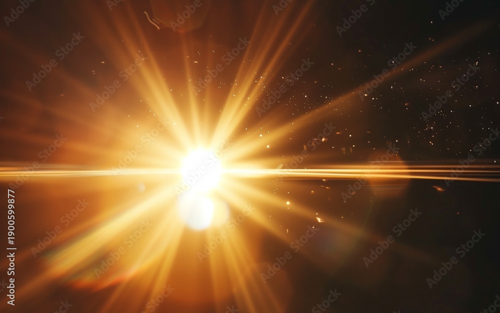 Obraz premium Brilliant golden lens flare emanates intensely from a bright central white light source against a dark background producing dramatic abstract light streaks and particles.