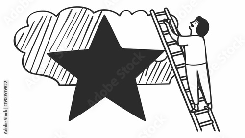 Person climbing ladder to reach large black star against cloudy background