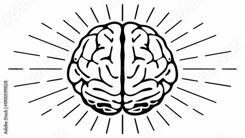An illustration of a human brain with radiating lines symbolizing intelligence and thought processes from a frontal viewpoint