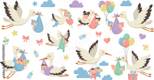 Cute Stork and Baby Illustration Set with Flying Birds Carrying Newborns, Balloons, Bottles, and Gifts for Birth Announcement and Nursery Designs