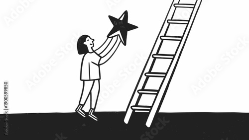A young woman reaches for a star on top of a tall ladder standing on a black floor