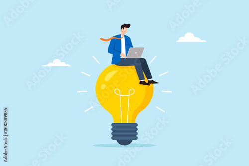Flat illustration of businessman sitting on giant lightbulb working on laptop representing creativity innovation idea generation and digital inspiration
