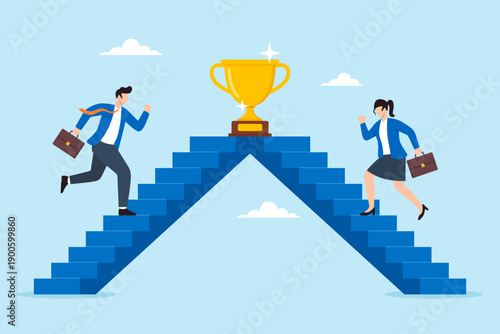 Flat illustration of businessman and businesswoman running up separate staircases toward golden trophy representing competition achievement career success and goal pursuit