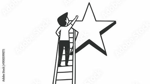 A person standing on a ladder painting a large star shape with a brush from a low angle viewpoint