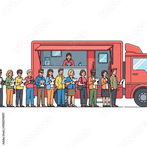 People line up at a red food truck with a worker serving from the window on a plain white background.
