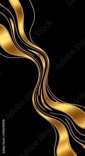 Luxurious flowing ribbons of polished gold create an elegant wave design against a dark background.