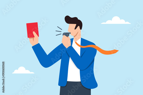 Flat illustration of businessman blowing whistle while holding red card representing warning penalty rule violation misconduct alert and corporate compliance enforcement