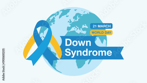 World Down Syndrome Day Awareness Design with Blue and Yellow Ribbon and Globe
