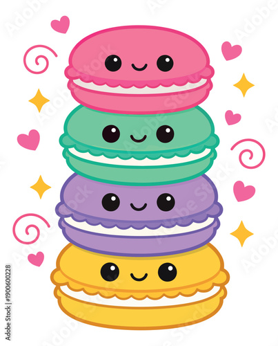Cute cartoon macaron set featuring a stack of colorful macarons with happy kawaii faces and decorative elements for sweet dessert designs