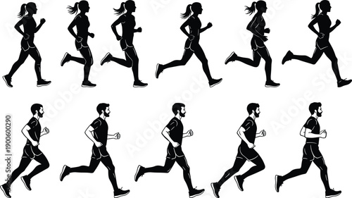 Running silhouettes of male and female athletes in motion sequence isolated on white background fitness sport vector illustration