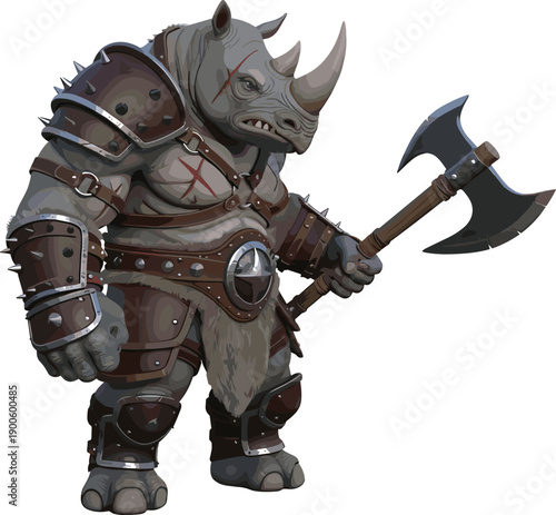 Fantasy rhinoceros warrior character illustration with battle axe, medieval armor, brutal monster hero design, isolated on white background for game, comic, and concept art