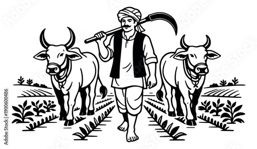 Hand drawn illustration of an Indian farmer with oxen depicting a man walking in a field with a scythe for agriculture
