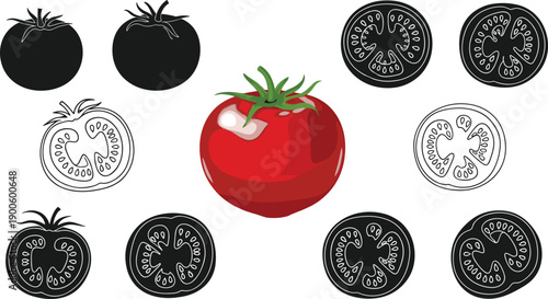 Fresh red tomato illustration set, whole and sliced vegetables, black and white icons with color centerpiece, healthy food vector collection, isolated on white background
